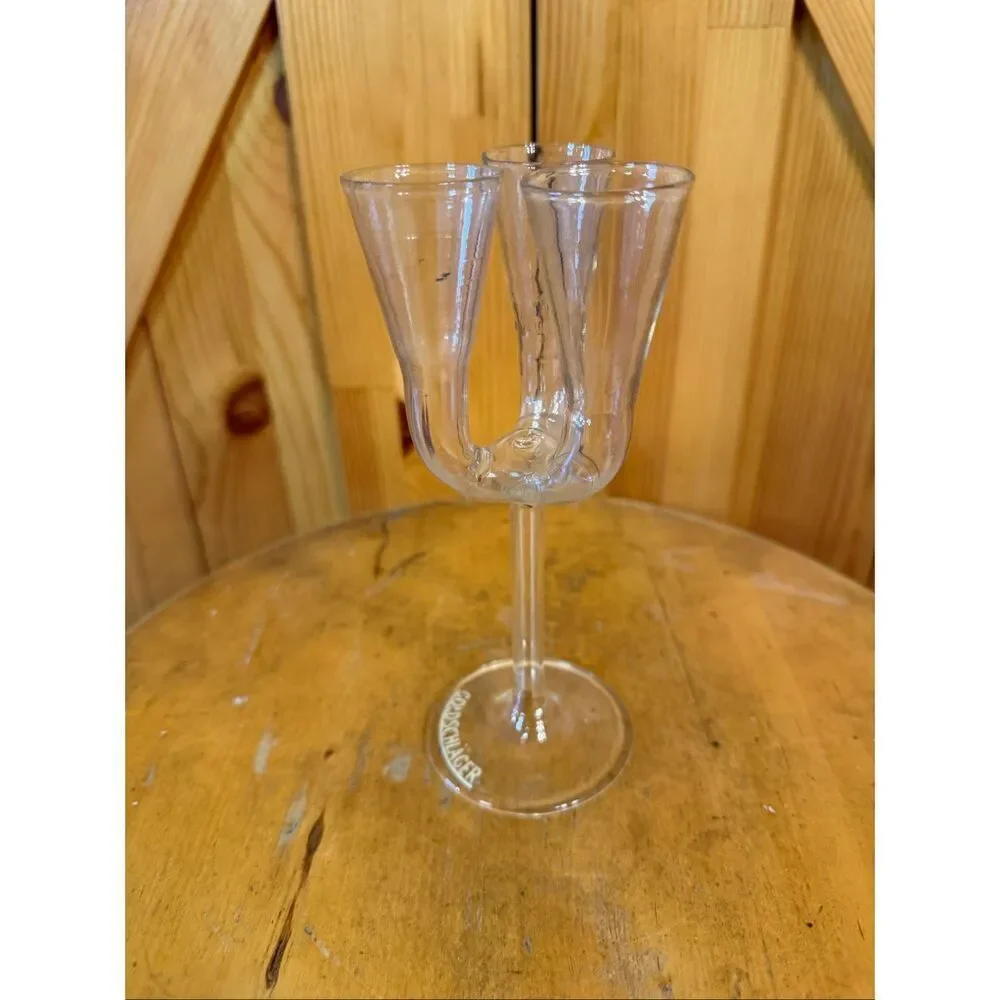 VINTAGE GOLDSCHLAGER TRIPLE FLUTE TRIO LONG STEMMED CORDIAL GLASS GERMANY (7504)